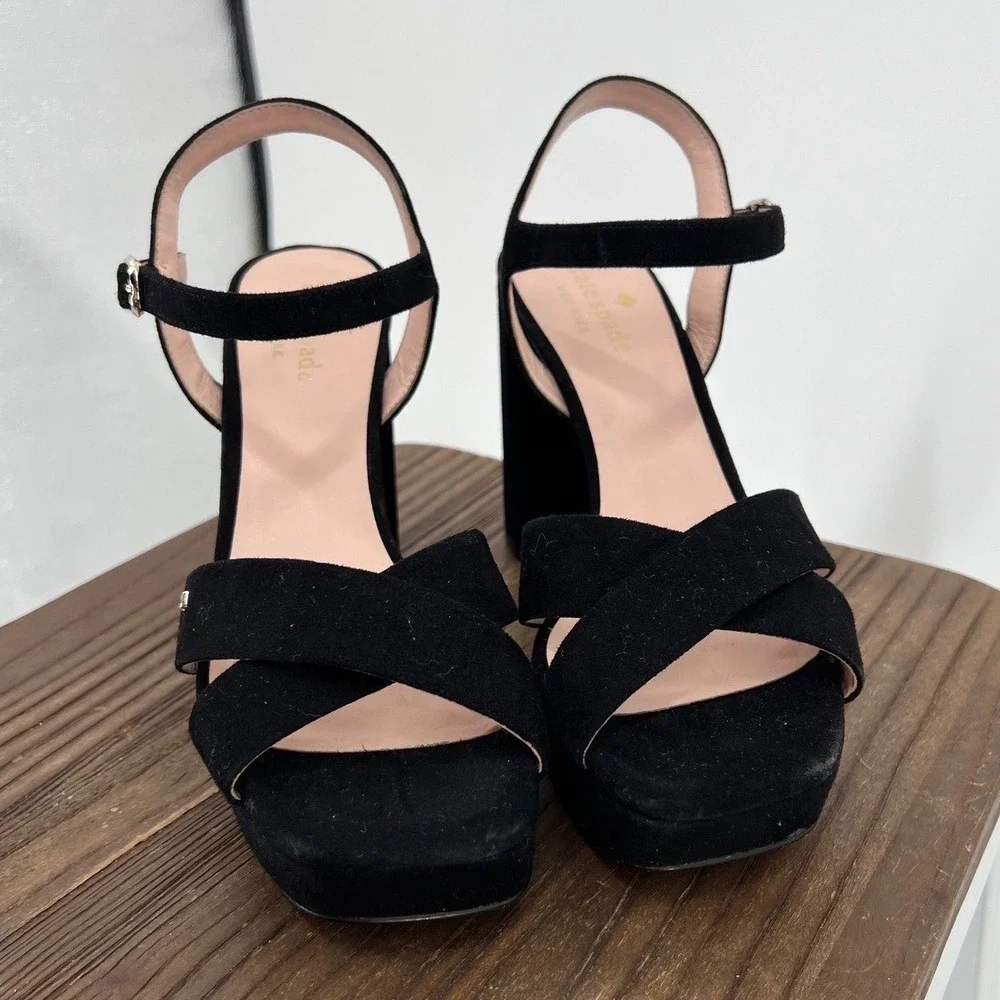 Kate Spade Delia Black Suede Platform Block Heel‎ Sandals Square Toe Strap 7.5B